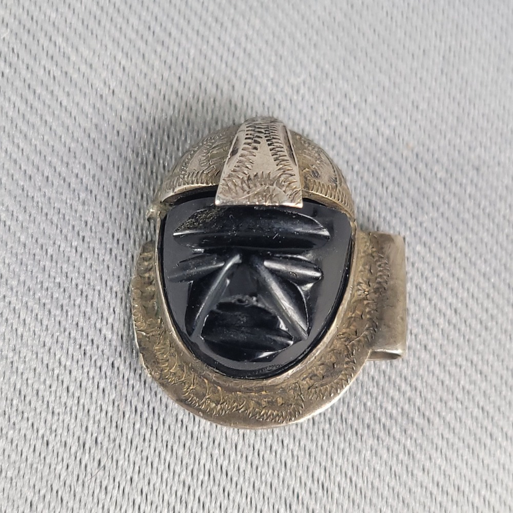 Vintage Aztec Warrior Sterling Silver Black Onyx Carved Face Clip Slide 5.82g